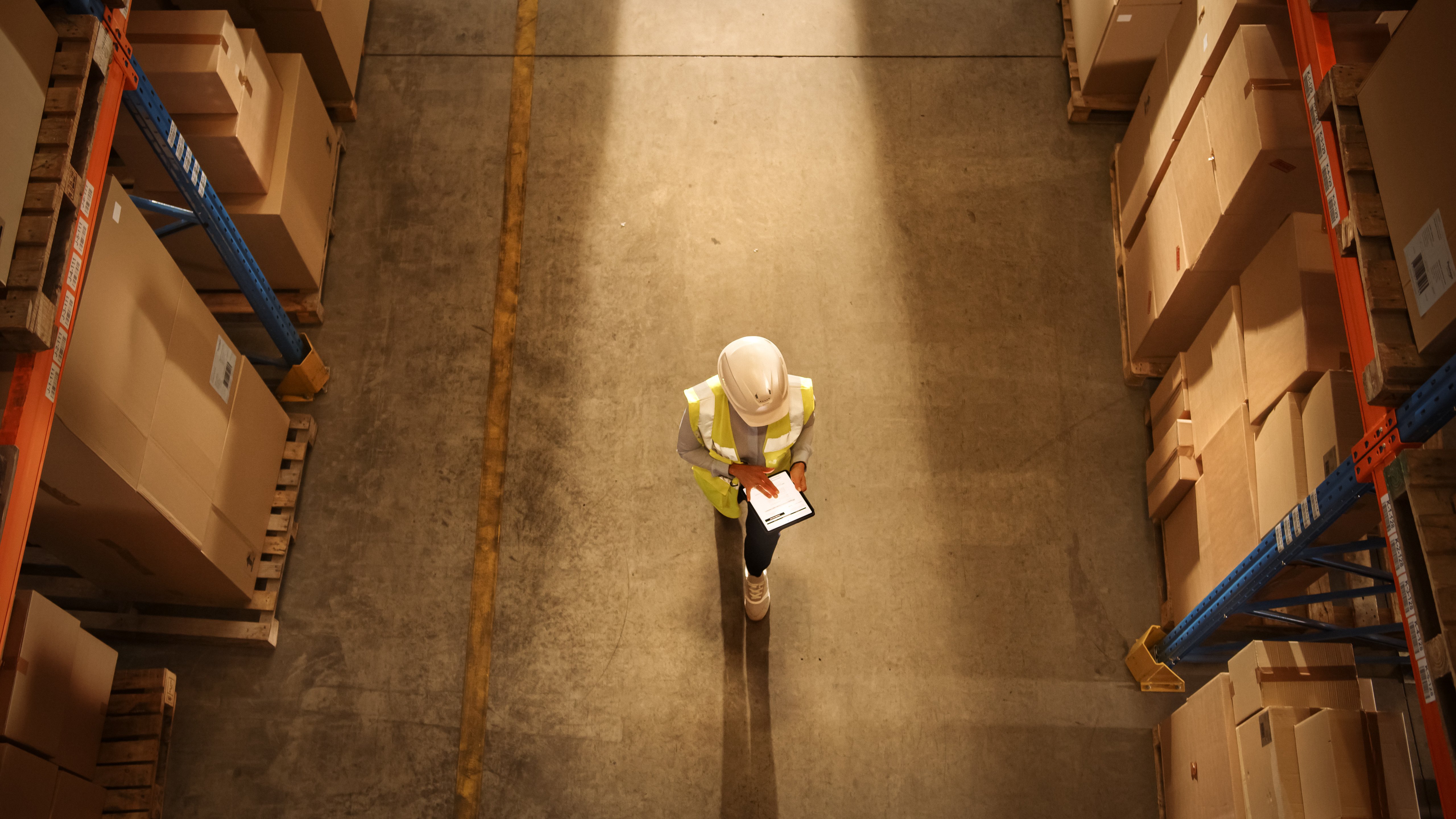 Frontline worker in warehouse with handheld device